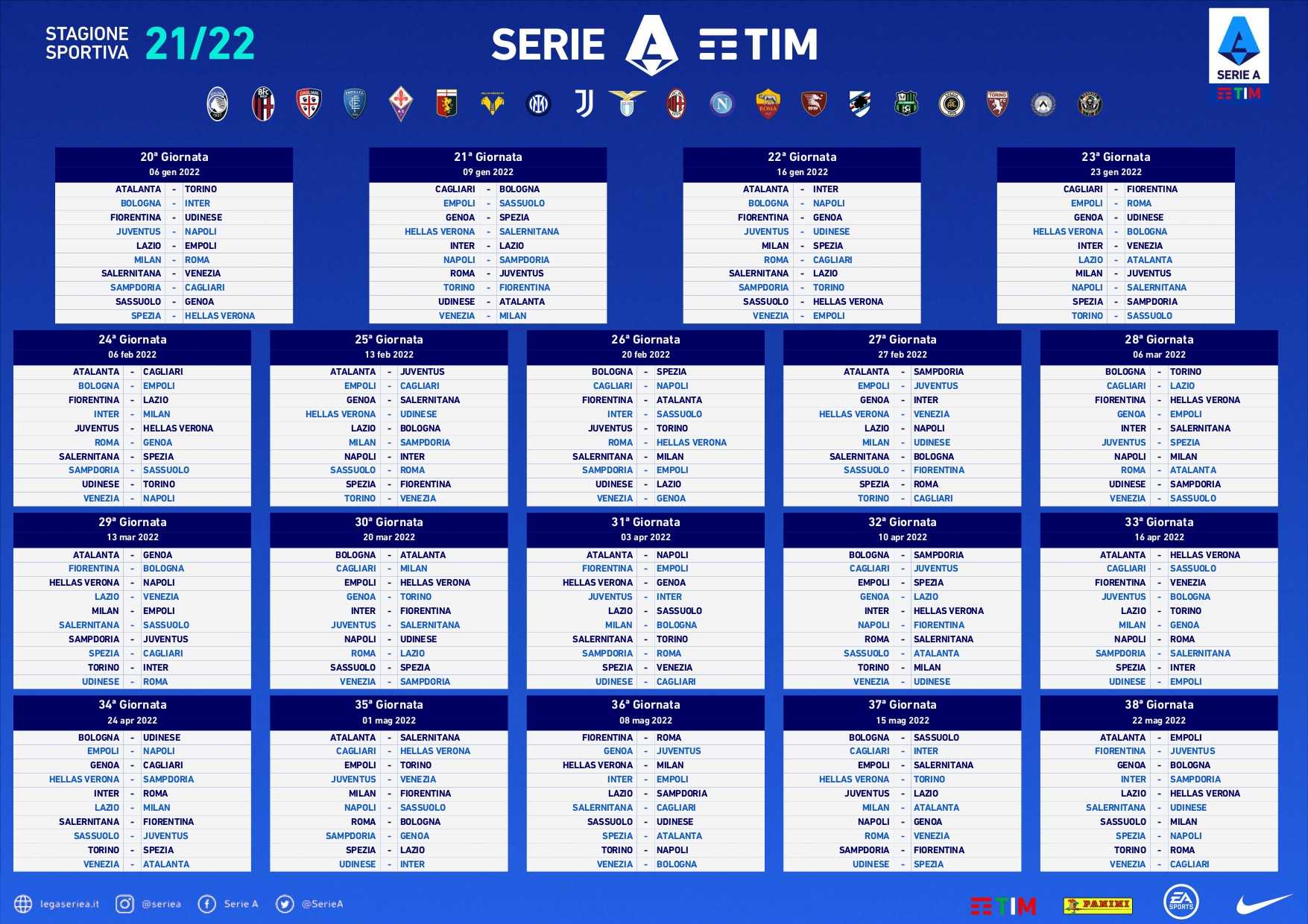 Serie A 2021/2022, il calendario della stagione
