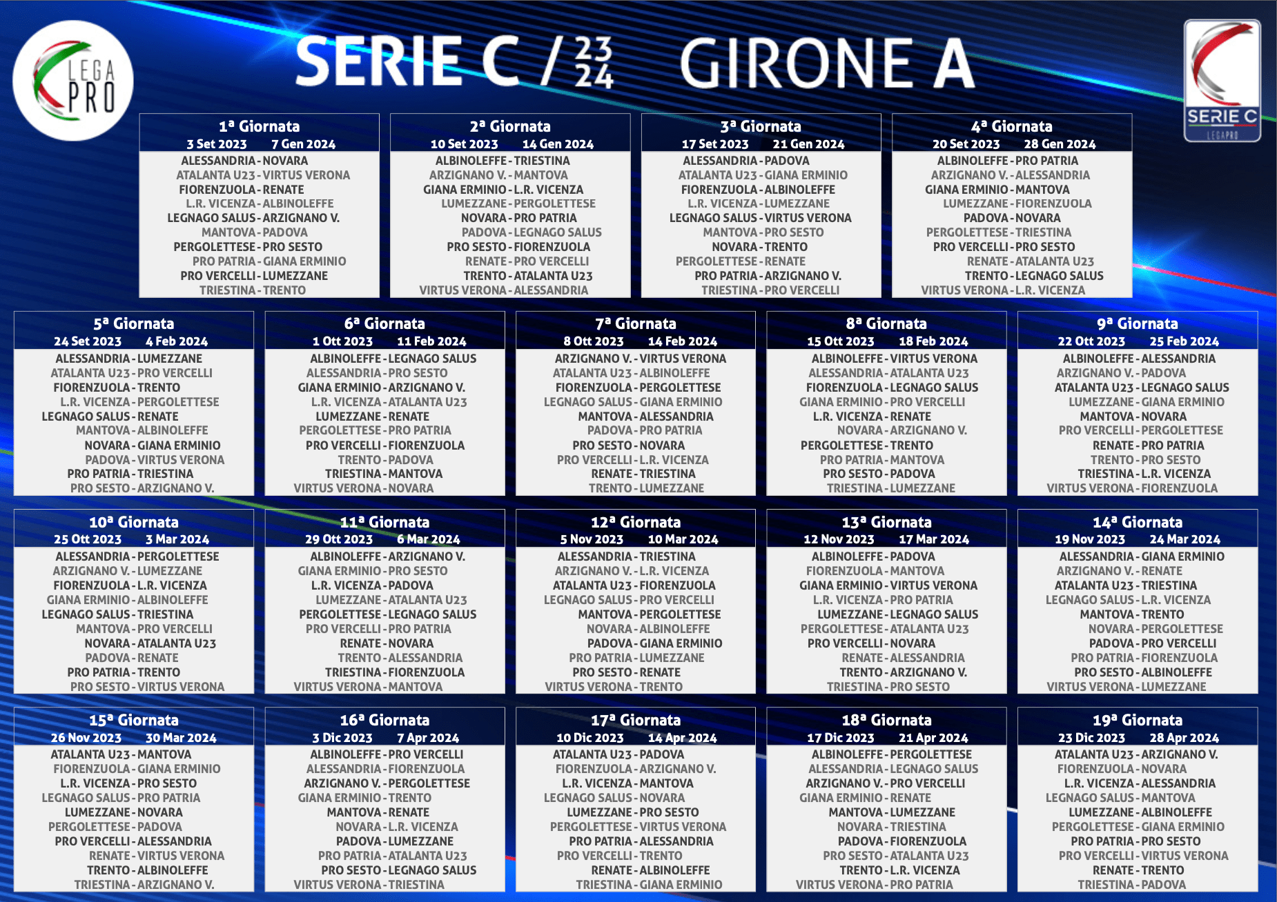 Serie C 2023/2024, il calendario dei gironi
